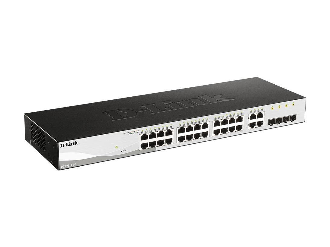 The D-Link DGS-1210-28 is a 28-port managed Gigabit switch featuring 24 10/100/1000BASE-T ports and 4 Gigabit RJ45/SFP combo ports. Engineered for enterprise and SMB networks, it offers Layer 2+ static routing, versatile remote management protocols, and enhanced energy efficiency with D-Link Green 3.0. NDAA and TAA compliance ensures it meets stringent government procurement standards.
