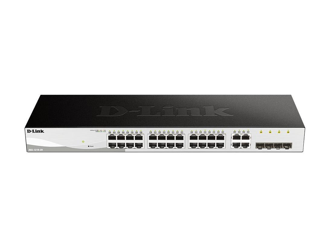 The D-Link DGS-1210-28 is a 28-port managed Gigabit switch featuring 24 10/100/1000BASE-T ports and 4 Gigabit RJ45/SFP combo ports. Engineered for enterprise and SMB networks, it offers Layer 2+ static routing, versatile remote management protocols, and enhanced energy efficiency with D-Link Green 3.0. NDAA and TAA compliance ensures it meets stringent government procurement standards.