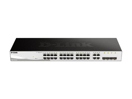 The D-Link DGS-1210-28 is a 28-port managed Gigabit switch featuring 24 10/100/1000BASE-T ports and 4 Gigabit RJ45/SFP combo ports. Engineered for enterprise and SMB networks, it offers Layer 2+ static routing, versatile remote management protocols, and enhanced energy efficiency with D-Link Green 3.0. NDAA and TAA compliance ensures it meets stringent government procurement standards.