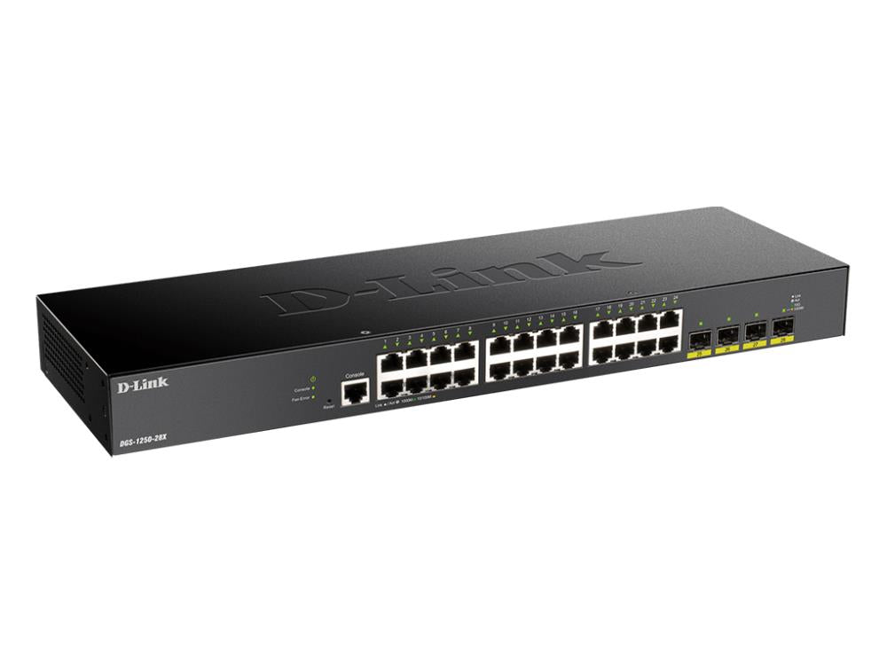 The D-Link DGS-1250-28X-6KV is a 28-port smart managed switch offering wired 10Gbps connectivity, ideal for high-performance enterprise networks. It includes 24 Gigabit Ethernet ports and 4 10G SFP+ ports, supporting robust Layer 2 and Layer 3 features. With 256MB RAM, 64MB flash, SNMP management, and a lifetime warranty, it ensures performance and reliability for demanding applications.