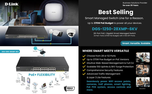 Commutateur PoE intelligent géré D-Link DGS-1250-28XMP-6KV avec liaisons montantes 10G