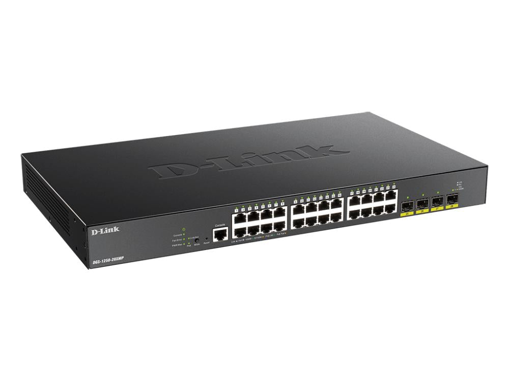 The D-Link DGS-1250-28XMP-6KV is a smart managed 28-port Gigabit Ethernet switch with Power over Ethernet (PoE) support and 10-Gigabit uplinks. Designed for mid-size enterprise networks, it includes robust Layer 2 and Layer 3 capabilities, remote management via Web UI and SNMP, and powerful security through support for RADIUS authentication. This switch features advanced management options and a high-performance, reliable operation suitable for demanding network environments.
