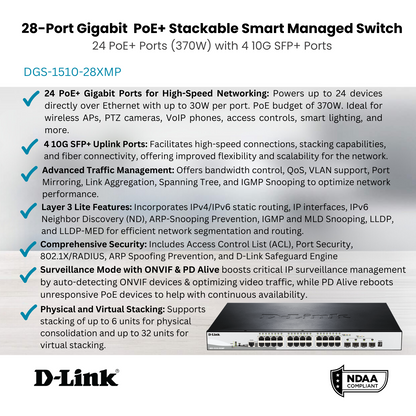D-Link DGS-1510-28XMP Smart PoE Switch, 28-Port, 10Gbps, 1U