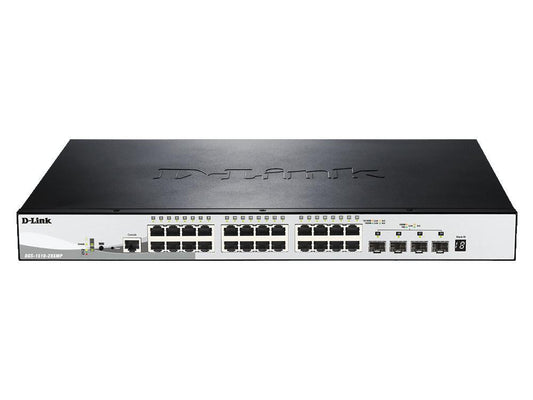 The D-Link DGS-1510-28XMP is a 28-port Smart PoE switch designed for scalability and high-performance networking. It features 24 PoE-enabled Gigabit Ethernet ports and 4 10G SFP+ uplinks, delivering a total data transfer rate of 10 Gbps. Engineered for robust operation, it supports advanced Layer 2/3 management, static routing, and offers a limited lifetime warranty.
