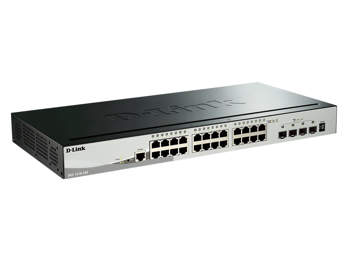 Switch - DGS-1510-28X - 1U - Wired - Networking / Ports Qty: 28 - 10 Gigabit Ethernet - 32MB Flash Memory - 100 to 240 VAC 50/60 Hz internal universal power supply. Designed for high-performance networking environments, it offers powerful Layer 2 and Layer 3 capabilities, energy efficiency, and scalability options with 10G SFP+ uplinks.