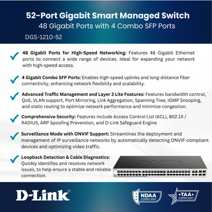 Commutateur PoE intelligent géré Gigabit 48 ports D-Link DGS-1510-52XMP