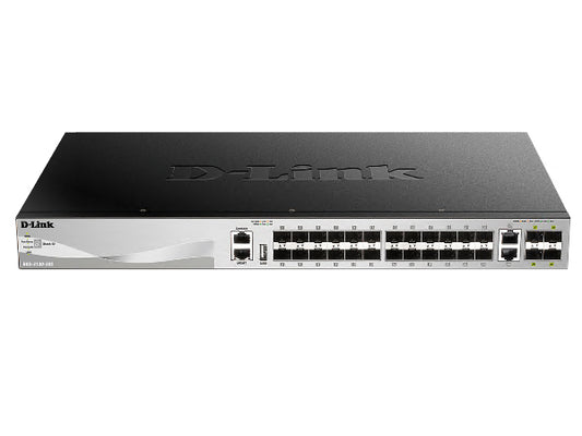 D-Link DGS-3130-30S supports 24 x SFP ports, 2 x 10GBASE-T and 4 x 10G SFP+ ports.  Premium L2 and L3 features.  Physical stacking up to 9 units 80 Gb