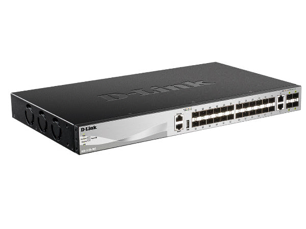 D-Link DGS-3130-30S supports 24 x SFP ports, 2 x 10GBASE-T and 4 x 10G SFP+ ports.  Premium L2 and L3 features.  Physical stacking up to 9 units 80 Gb