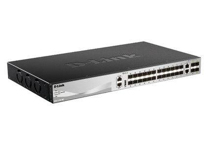 D-Link DGS-3130-30S supports 24 x SFP ports, 2 x 10GBASE-T and 4 x 10G SFP+ ports.  Premium L2 and L3 features.  Physical stacking up to 9 units 80 Gb