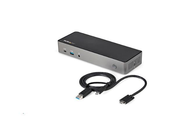 Universal USB-C/USB-A hybrid docking station from StarTech delivers triple 4K 60Hz video output via HDMI and DisplayPort, with 85W power delivery and robust device compatibility. Its compact, black enclosure integrates DisplayPort 1.4, HDMI 2.0, USB-IF certified host cabling, and six peripheral ports for comprehensive laptop expansion. TAA compliant and backed by a 3-year StarTech warranty.
