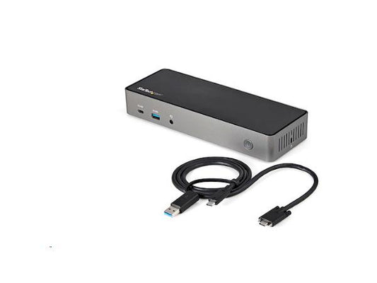 Universal USB-C/USB-A hybrid docking station from StarTech delivers triple 4K 60Hz video output via HDMI and DisplayPort, with 85W power delivery and robust device compatibility. Its compact, black enclosure integrates DisplayPort 1.4, HDMI 2.0, USB-IF certified host cabling, and six peripheral ports for comprehensive laptop expansion. TAA compliant and backed by a 3-year StarTech warranty.