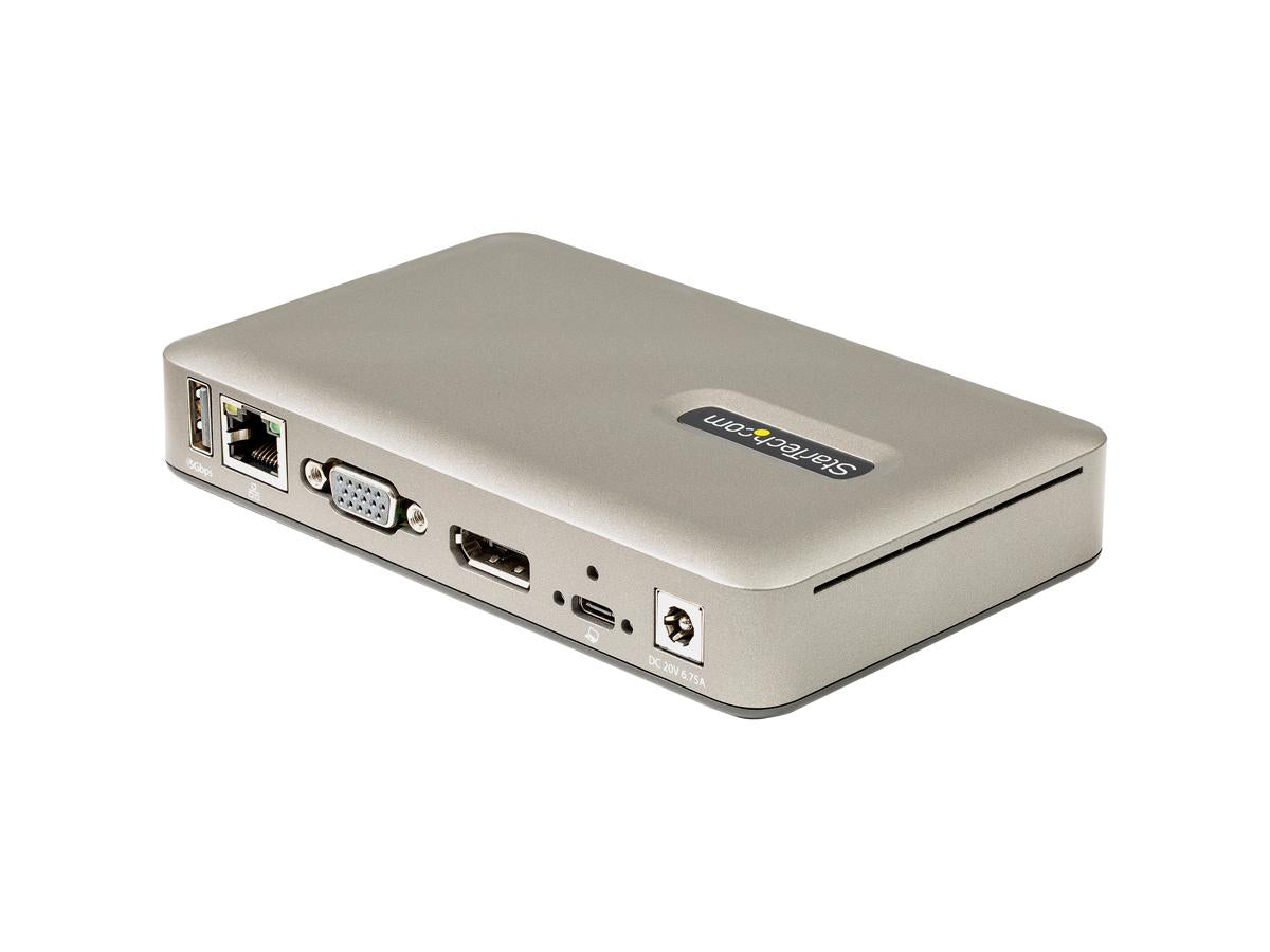 Compact and powerful, this StarTech USB-C docking station supports DisplayPort 4K at 30Hz or VGA, offers versatile connectivity including three USB-A and one USB-C data ports, and delivers up to 65W Power Delivery. Ideal for hot-desking or shared workspaces, it includes a 1m USB-C locking cable and has security K-slots for physical protection.