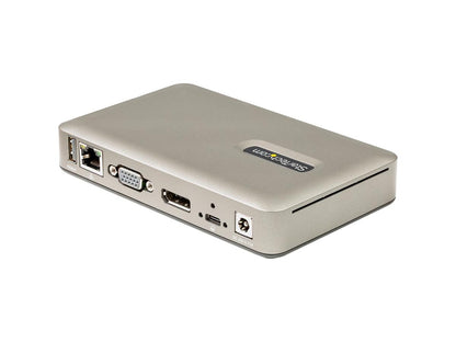 Compact and powerful, this StarTech USB-C docking station supports DisplayPort 4K at 30Hz or VGA, offers versatile connectivity including three USB-A and one USB-C data ports, and delivers up to 65W Power Delivery. Ideal for hot-desking or shared workspaces, it includes a 1m USB-C locking cable and has security K-slots for physical protection.