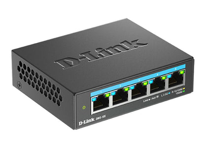 The D-LINK DMS-105 is a 5-port unmanaged multi-gigabit Ethernet desktop switch designed for high-performance networking. Featuring IGMP Snooping for optimized multicast data handling and a fanless design for silent operation, it is well-suited for small offices or home setups. TAA compliance and Taiwan-based manufacture make it a reliable choice for government and enterprise use.