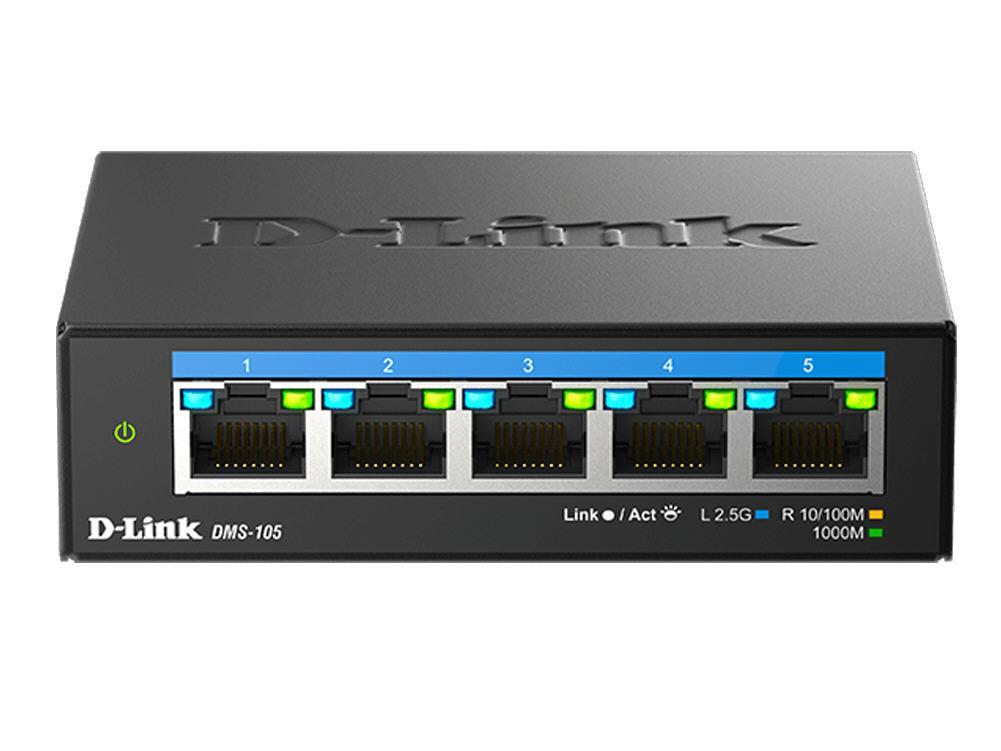 The D-LINK DMS-105 is a 5-port unmanaged multi-gigabit Ethernet desktop switch designed for high-performance networking. Featuring IGMP Snooping for optimized multicast data handling and a fanless design for silent operation, it is well-suited for small offices or home setups. TAA compliance and Taiwan-based manufacture make it a reliable choice for government and enterprise use.