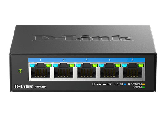 The D-LINK DMS-105 is a 5-port unmanaged multi-gigabit Ethernet desktop switch designed for high-performance networking. Featuring IGMP Snooping for optimized multicast data handling and a fanless design for silent operation, it is well-suited for small offices or home setups. TAA compliance and Taiwan-based manufacture make it a reliable choice for government and enterprise use.