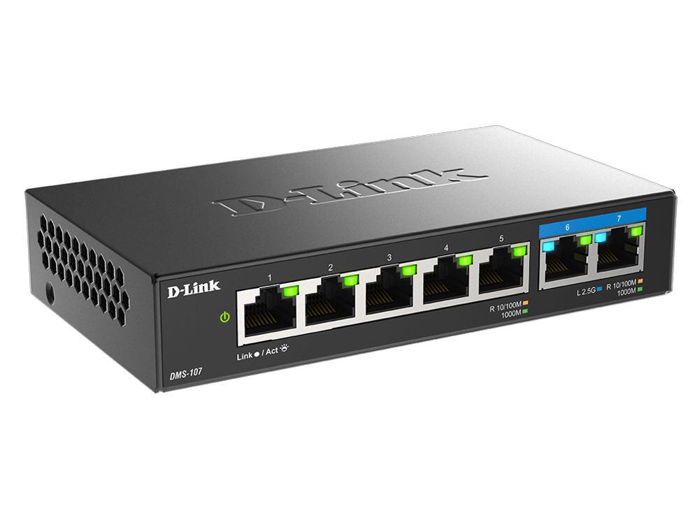 The D-LINK DMS-107 is a compact 7-port unmanaged desktop switch combining five Gigabit and two high-speed 2.5 Gigabit Ethernet ports. Its fanless design ensures silent operation, while IGMP Snooping optimizes multicast performance ideal for bandwidth-intensive streaming environments. Built for efficiency, it consumes a maximum of only 3.37 watts.