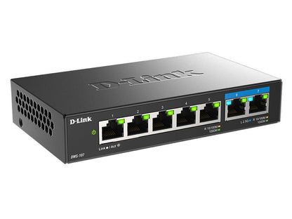 The D-LINK DMS-107 is a compact 7-port unmanaged desktop switch combining five Gigabit and two high-speed 2.5 Gigabit Ethernet ports. Its fanless design ensures silent operation, while IGMP Snooping optimizes multicast performance ideal for bandwidth-intensive streaming environments. Built for efficiency, it consumes a maximum of only 3.37 watts.