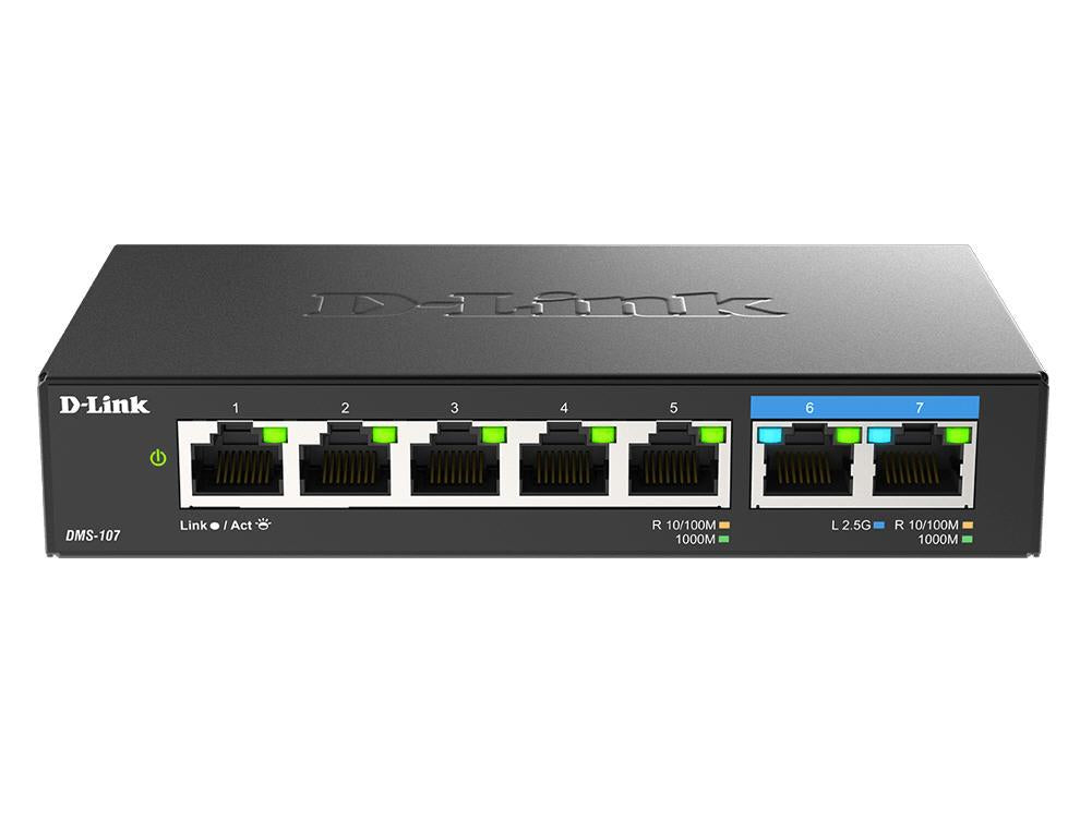The D-LINK DMS-107 is a compact 7-port unmanaged desktop switch combining five Gigabit and two high-speed 2.5 Gigabit Ethernet ports. Its fanless design ensures silent operation, while IGMP Snooping optimizes multicast performance ideal for bandwidth-intensive streaming environments. Built for efficiency, it consumes a maximum of only 3.37 watts.