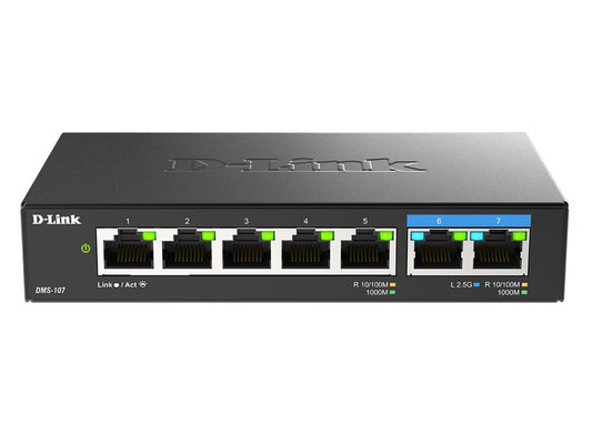 The D-LINK DMS-107 is a compact 7-port unmanaged desktop switch combining five Gigabit and two high-speed 2.5 Gigabit Ethernet ports. Its fanless design ensures silent operation, while IGMP Snooping optimizes multicast performance ideal for bandwidth-intensive streaming environments. Built for efficiency, it consumes a maximum of only 3.37 watts.