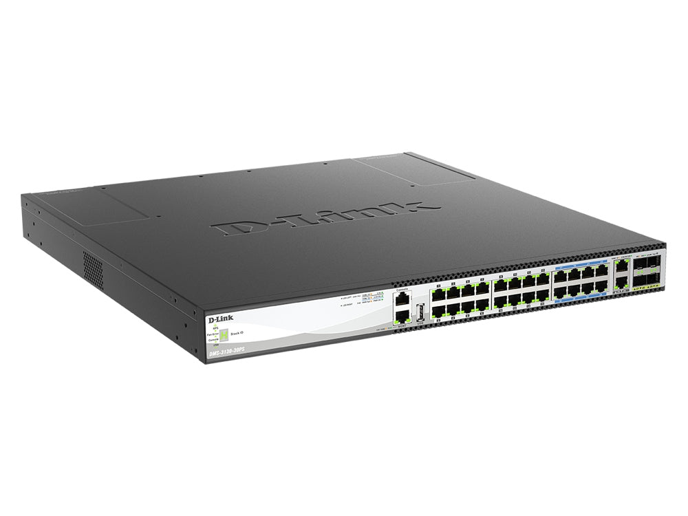 The D-LINK DMS-3130-30PS is a high-capacity Layer 2+ managed switch designed for enterprise environments requiring reliable Power over Ethernet (PoE) and high-speed data throughput. Supporting up to 400Gbps switching capacity, this 30-port multi-gigabit switch includes 2x10G and 4x25G high-speed uplinks and delivers robust power features up to 740W. Ideal for high-density network deployments, the unit ensures stable operation with smart fan control and comprehensive manageability.