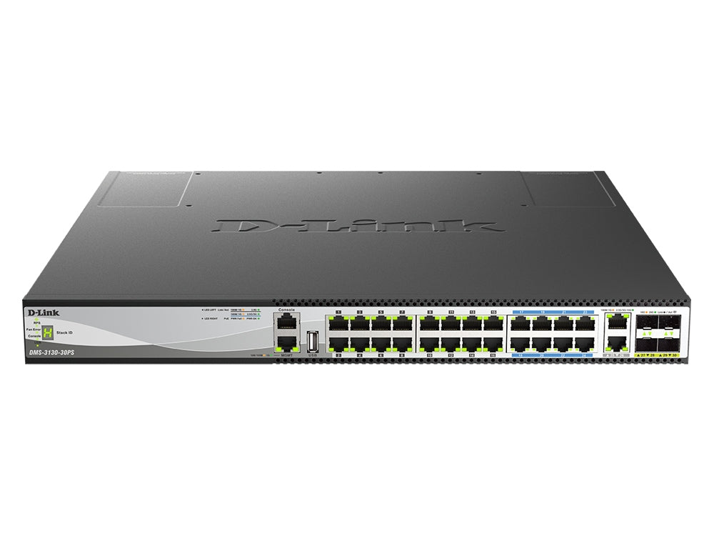 The D-LINK DMS-3130-30PS is a high-capacity Layer 2+ managed switch designed for enterprise environments requiring reliable Power over Ethernet (PoE) and high-speed data throughput. Supporting up to 400Gbps switching capacity, this 30-port multi-gigabit switch includes 2x10G and 4x25G high-speed uplinks and delivers robust power features up to 740W. Ideal for high-density network deployments, the unit ensures stable operation with smart fan control and comprehensive manageability.