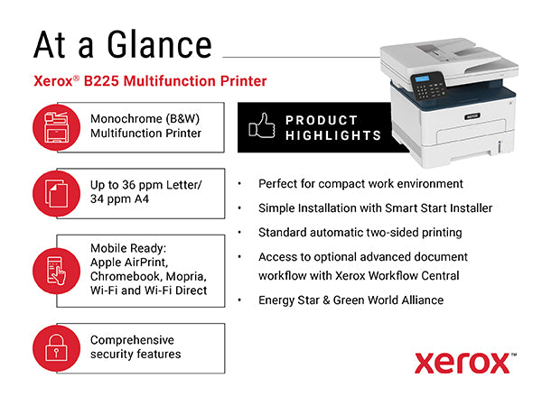 Imprimante multifonction laser monochrome Xerox B225/DNI, sans fil, recto verso, 36 ppm