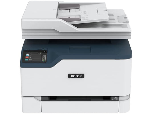The Xerox C235 is a compact color multifunction printer designed for busy home offices or small workgroups. It combines printing, scanning, copying, and faxing in one efficient device with fast print speeds up to 24 ppm in both color and black and white. Equipped with robust connectivity options like USB 2.0, Ethernet, and Wi-Fi, it offers seamless integration into modern work environments.