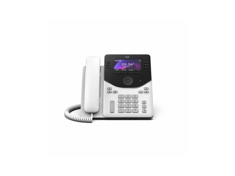Cisco Desk Phone 9851, First Light (White), One platform with PhoneOS; Desk reservation and hot desking; Enhanced audio features including noise removal; Security; Sustainability. Designed for modern hybrid workspaces, it offers robust communication functionalities and improved audio clarity. With six-line support and integrated VoIP capabilities, it's ideal for versatile office deployments.
