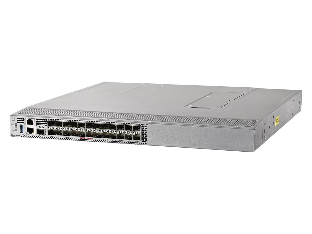 The Cisco MDS 9124V 64G FC is a high-performance Fibre Channel switch featuring 24 active ports and integrated 64G SW optics. Designed for modern enterprise data centers, it delivers fast, reliable, and secure fibre channel connectivity in a compact 1RU form factor. This model includes redundant power supplies and fans for enhanced availability.