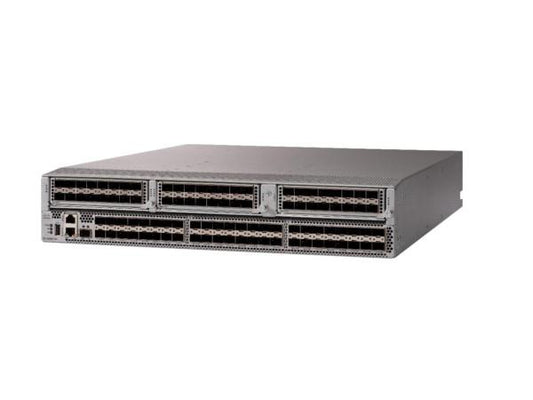 The Cisco MDS 9396T is a 96-port Fibre Channel switch designed for high-performance and scalable SAN deployments. It offers 48 active 32Gb SFP+ ports, with Ports on Demand scalability and comprehensive features including secure boot, RADIUS authentication, and AES encryption. This rack-mounted unit includes dual power supplies and advanced diagnostics for enterprise data center reliability.