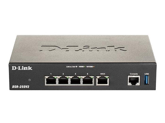 D-Link DSR-250v2 Unified Services VPN Router delivers robust VPN capabilities and reliable network performance for business environments. Supporting advanced routing, VLAN, and IPsec/PPTP/L2TP/OpenVPN protocols, it ensures secure remote connectivity. With high throughput of 900 Mbps for firewall and 200 Mbps for VPN, plus support for 50,000 concurrent sessions, this router is built for demanding networks.