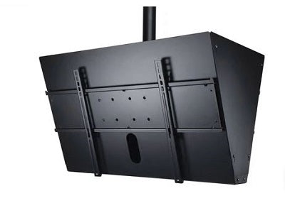 Back-to-Back Ceiling Mount with Media Player Storage for 40–65 Flat Panel Displays. Ideal for commercial installations requiring space-saving and secure dual screen deployment from ceilings, this black steel mount ensures durability and compliance with TAA standards. The integrated media player storage enhances installation efficiency and organization.