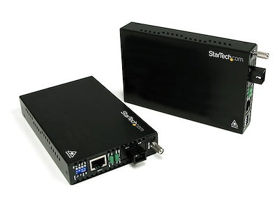 Convert and extend Ethernet signals over single mode fiber with the StarTech 10/100 WDM Media Converter Kit. Designed for long-distance network connections, this kit delivers wired 10/100 Mbps transmission up to 20 km using SC connectors and 1310nm wavelength over a single fiber strand. The reliable build, easy installation, and TAA compliance make it ideal for government, enterprise, or industrial applications.