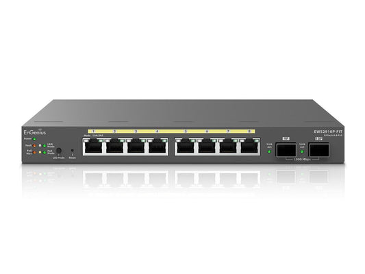 ENGENIUS FIT MANAGED EWS2910P-FIT 8-PORT GIGABIT POE L2+ SWITCH WITH A 55W POE BUDGET, 2 SFP PORTS. SELECT CLOUD OR ON-PREMISES MANAGEMENT OPTIONS BAS