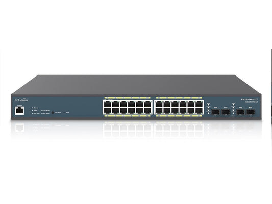 ENGENIUS FIT MANAGED EWS7928FP-FIT 24-PORT GIGABIT POE+ L2+ SWITCH WITH A 410W POE BUDGET, 4 SFP PORTS. SELECT CLOUD OR ON-PREMISES MANAGEMENT OPTIONS