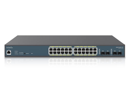 EnGenius Fit EWS7928P-FIT is a 24-port gigabit PoE+ Layer 2+ switch with a robust 240W PoE budget and four SFP uplink ports for enhanced networking flexibility. Designed for wired connectivity, it supports either cloud or on-premises management, catering to various deployment preferences. It's ideal for SMBs requiring reliable power-over-Ethernet and centralized control.