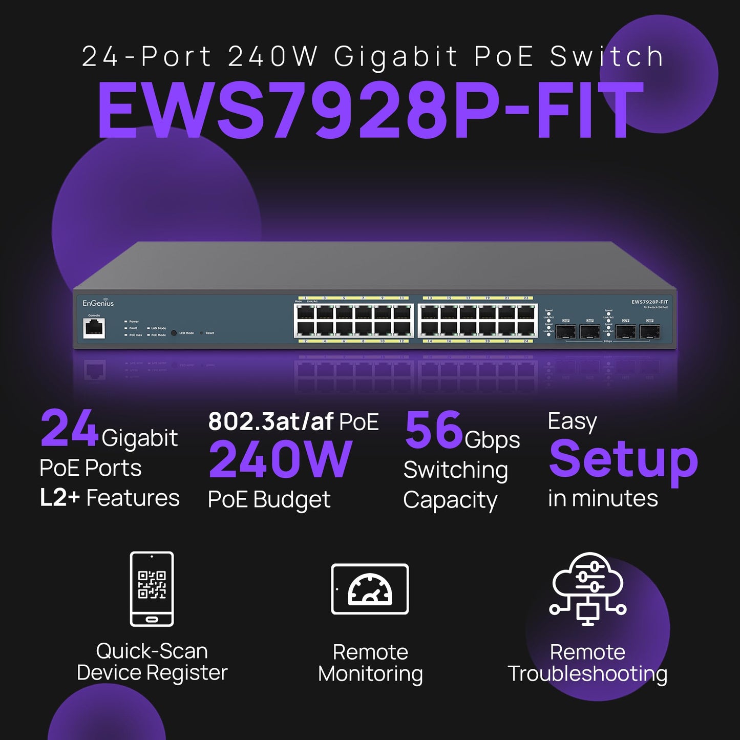 EnGenius EWS7928P-FIT 24-Port GbE PoE+ L2+ Switch with 4 SFP, 240W PoE Budget