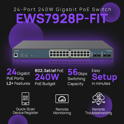 EnGenius EWS7928P-FIT 24-Port GbE PoE+ L2+ Switch with 4 SFP, 240W PoE Budget