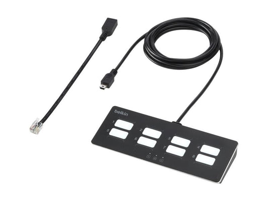 The Belkin Modular 8-Port Remote Control is a TAA-compliant KVM console designed for secure and efficient control of up to eight devices. Its modular design supports streamlined deployment in enterprise environments seeking reliable remote system management solutions.