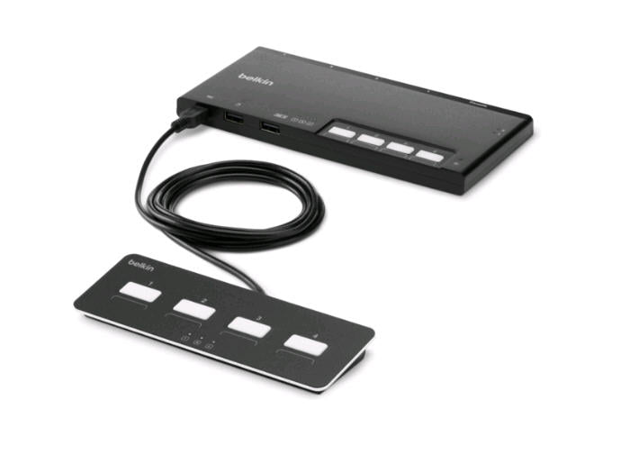 Belkin's 4-Port Single Head DVI Modular Secure KVM Switch (PP4.0) offers a space-saving solution for managing multiple systems from a single console. Designed with a modular form factor, it accommodates up to four computers and includes a remote-control unit for flexible user access.