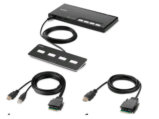 Belkin 4-Port Single Head HDMI Modular Secure KVM Switch PP4.0 with remote enables seamless control of multiple systems while maintaining the highest security standards. It supports 4K resolution at 30Hz over a single HDMI monitor and complies with TAA for use in government and enterprise environments.