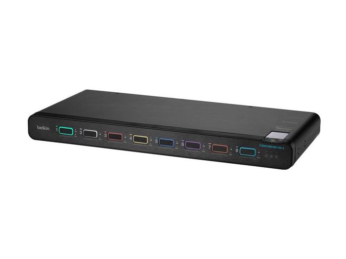 Belkin 8-Port Single Head DP/HDMI to DP/HDMI Video Secure Desktop KVM Switch PP4.0. Designed for secure, high-resolution desktop environments, it supports up to 8 computers and delivers seamless video switching with compliance to NIAP PSD 4.0 standards.