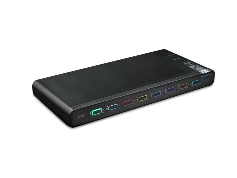 Belkin 8-Port Single Head DP/HDMI KVM Switch offers secure desktop switching with NIAP PP 4.0 compliance. Supporting up to 4K@60Hz resolution and customized port labeling, it's ideal for sensitive multi-computer environments requiring high visual fidelity and certified data protection.