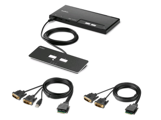 The Belkin 2-Port Dual Head DVI Modular Secure KVM Switch PP4.0 with Remote provides secure, high-performance switching between two computers using DVI interfaces. Designed for sensitive environments, this desktop switch supports TAA compliance and ensures data isolation and security. It serves as a crucial tool for defense, intelligence, and government applications.