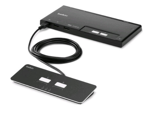 Belkin's 2-Port Dual Head HDMI Modular Secure KVM Switch (model F1DN202MOD-HH-4) enables seamless switching between two computers and displays. Engineered for security-conscious environments, this desktop form factor device supports dual HDMI output and comes with a remote control for added convenience. Ideal for professionals managing multiple secure systems, it's also TAA-compliant for government procurement.