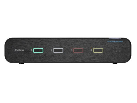 Belkin 4-Port Dual Head DP/HDMI to DP/HDMI Video Secure Desktop KVM Switch PP4.0. This secure KVM solution supports up to 3840 x 2160 resolution and enables seamless switching between four systems across dual display interfaces. Designed for desktop environments requiring high-resolution multi-display security and compliance with TAA regulations.