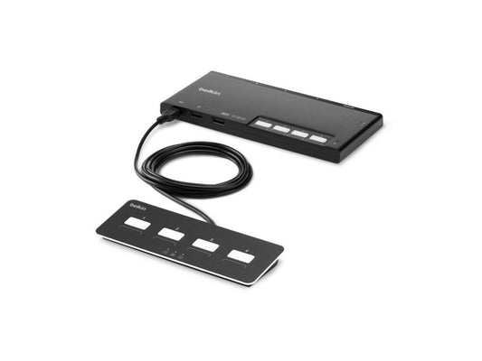 Belkin 4-Port Dual Head Modular Secure KVM Switch Base Unit PP4.0 with Remote provides streamlined control of up to four host computers with support for dual display output. Its modular form allows for highly secure, government-grade KVM access while TAA compliance ensures suitability for regulated industries. Includes remote-control functionality, adding flexibility and ease of operation in demanding environments.