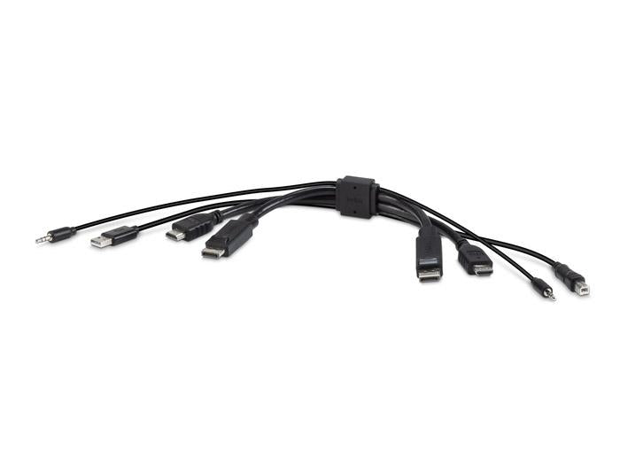 Secure, TAA-compliant 10-foot KVM cable from Belkin designed for environments requiring high data security and multiple connectivity standards. Features dual interface support with HDMI, DisplayPort, USB, and 3.5 mm audio connectors, all male to male, for seamless integration with KVM switches. Ideal for government, defense, and enterprise applications.