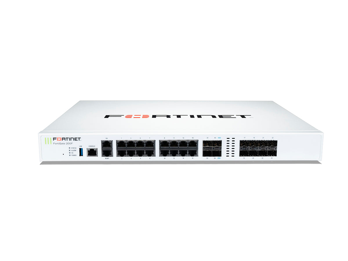 The Fortinet FortiGate-200F delivers high-performance network security, combining the FG-200F hardware with 5 years of FortiCare Premium and FortiGuard Enterprise Protection. Designed for enterprise environments, it provides exceptional throughput, session handling, and unified threat management in a 1RU form factor.